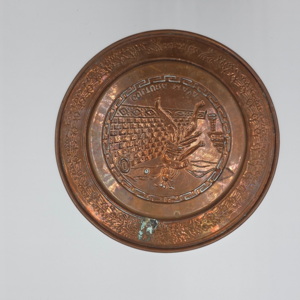 Vintage Mexico Copper/Brass Enamel Aztec Cultura Maya Plate 8" Patina - Picture 4 of 7